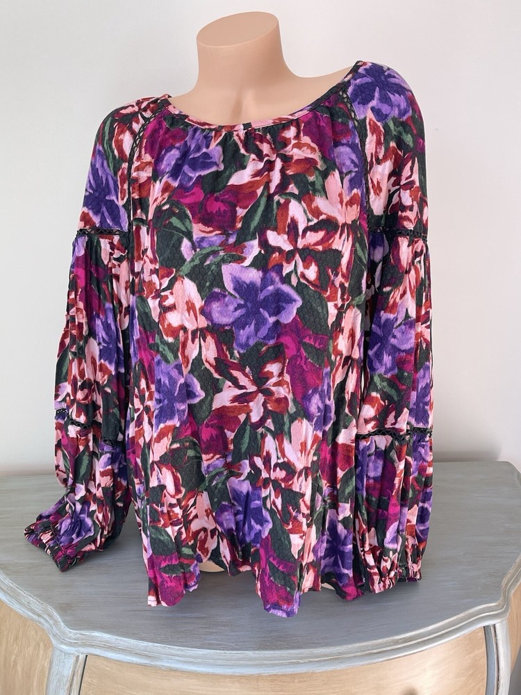 Terra & Sky Art Purple Floral Plus Size Long Sleeve Top 2X 20-22W Rose Pink