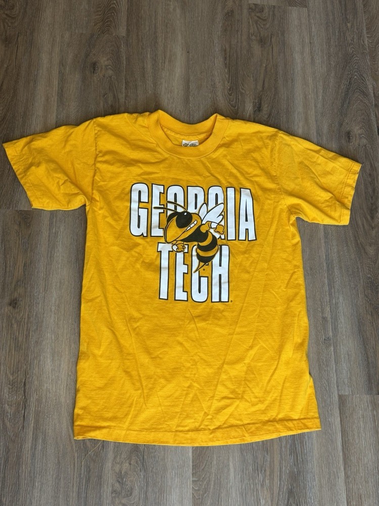 Vintage 90s Georgia Tech Big Logo Single Stitch Yellow T Shirt Size Medium