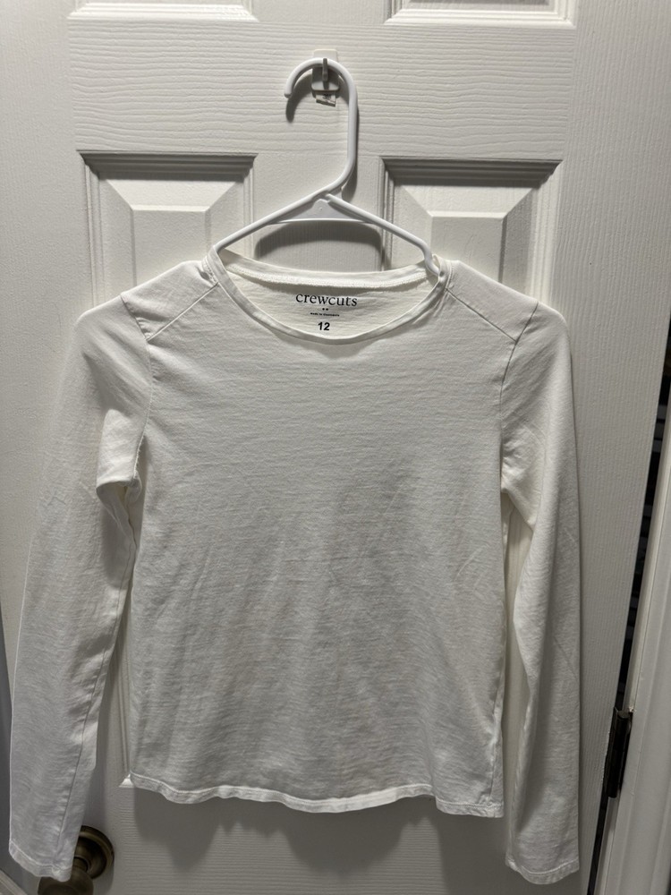 Jcrew CrewCuts Girls White Long Sleeve Basic Crew Neck Solid  T-Shirt Size 12