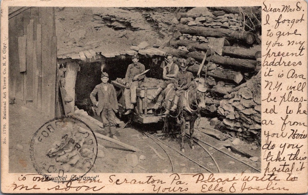Scranton PA Coal Mine Tunnel Entrance RPPC Postcard 1907 Miners Mule