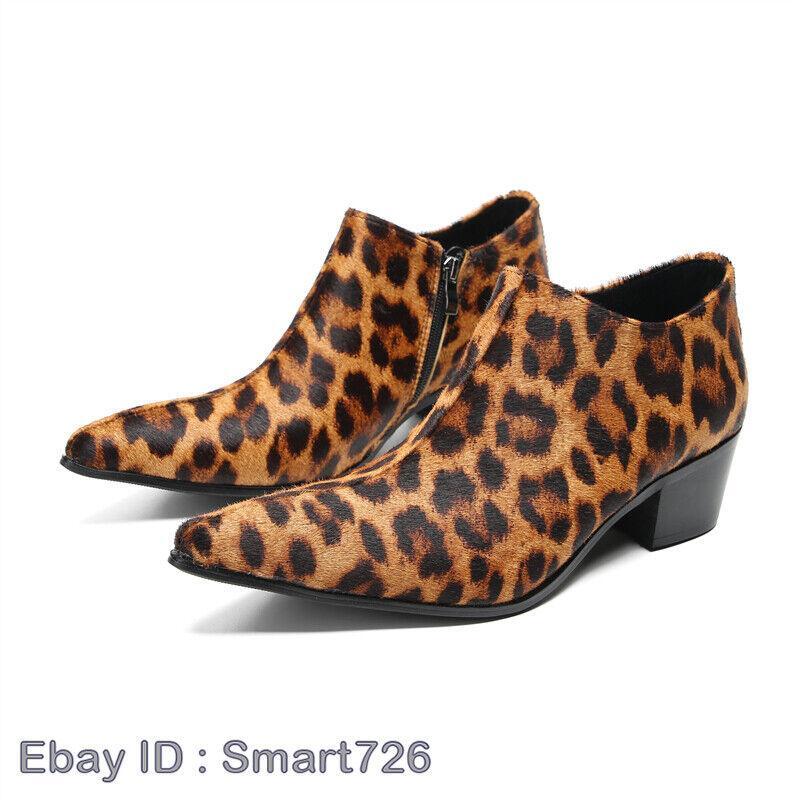 Mens Leopard Suede Leather High Top Cowboy Ankle Boots