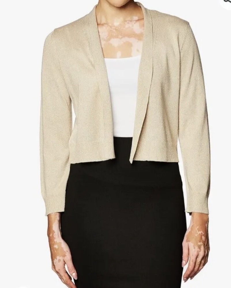 Calvin Klein Women Open Front Gold Shimmering Cardigan Sweater Size Médium
