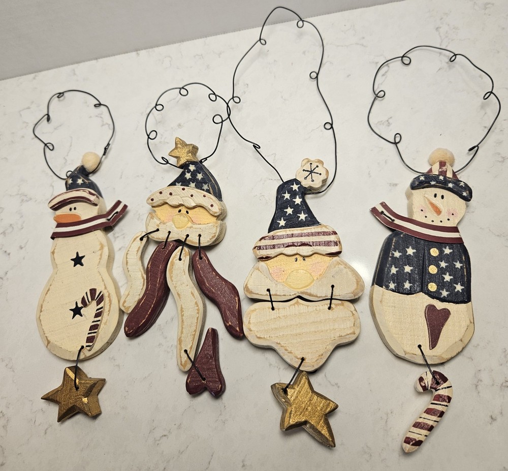 Lot Of 4 Primitive Style Christmas Ornaments Santa Snowman Wood Hand Painted