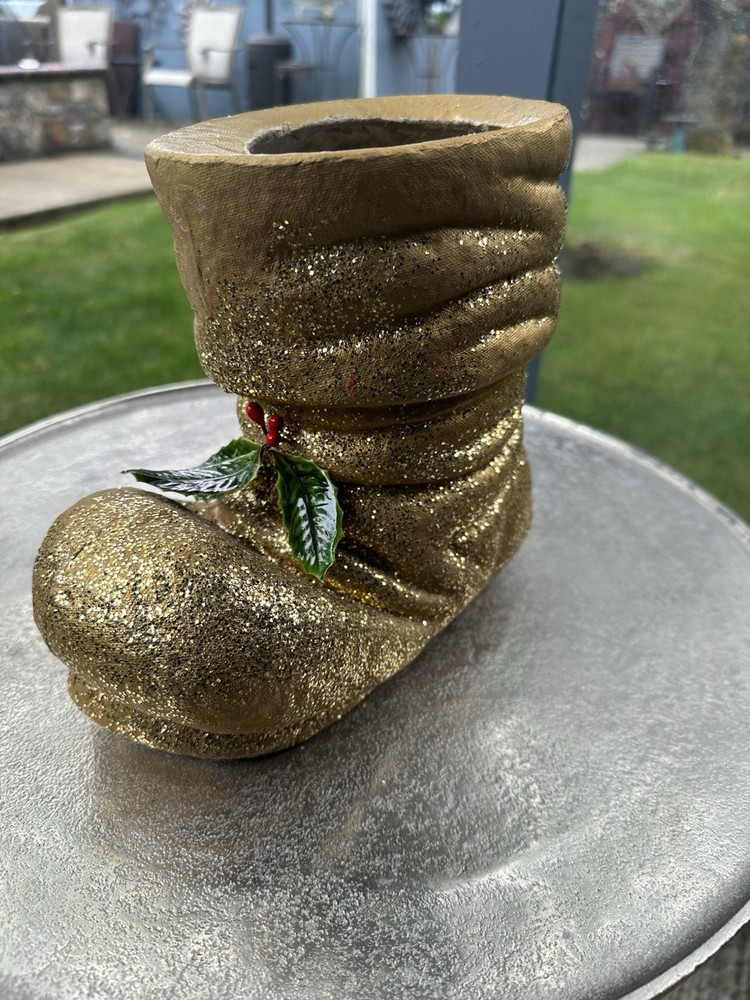 Vintage Large Gold Glittered Holly Paper Mache Christmas Santa Boot