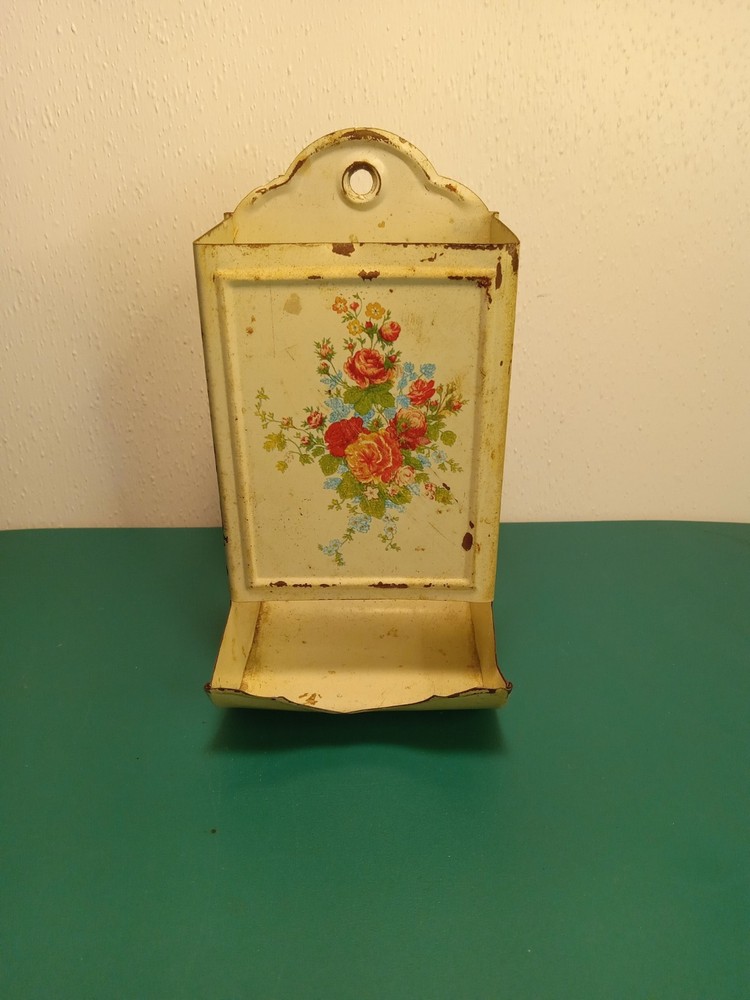 Vintage Patinated Matchbox Hanging Matchstick Holder Fireside Tin Match Holder