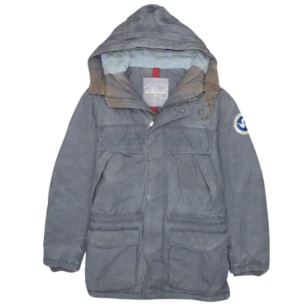 Napapijri Mens Parka Coat Grey Hooded Quilted Insulated Multi Pocket Winter M