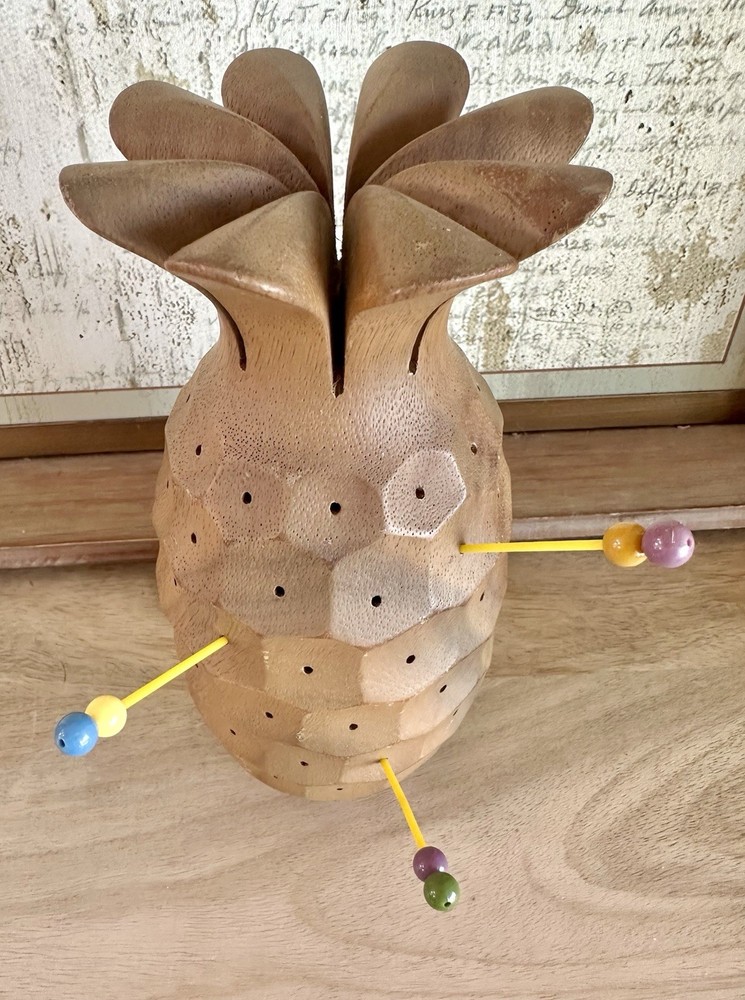 Vintage Mid Century Modern Tiki Acacia Hand Carved Pineapple Toothpick Holder