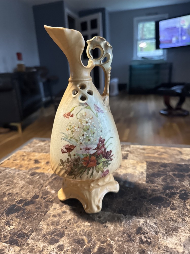 Antique RH Austria Robert Hanke 10 Inch Porcelain Ewer Vase Gold Trim Flowers