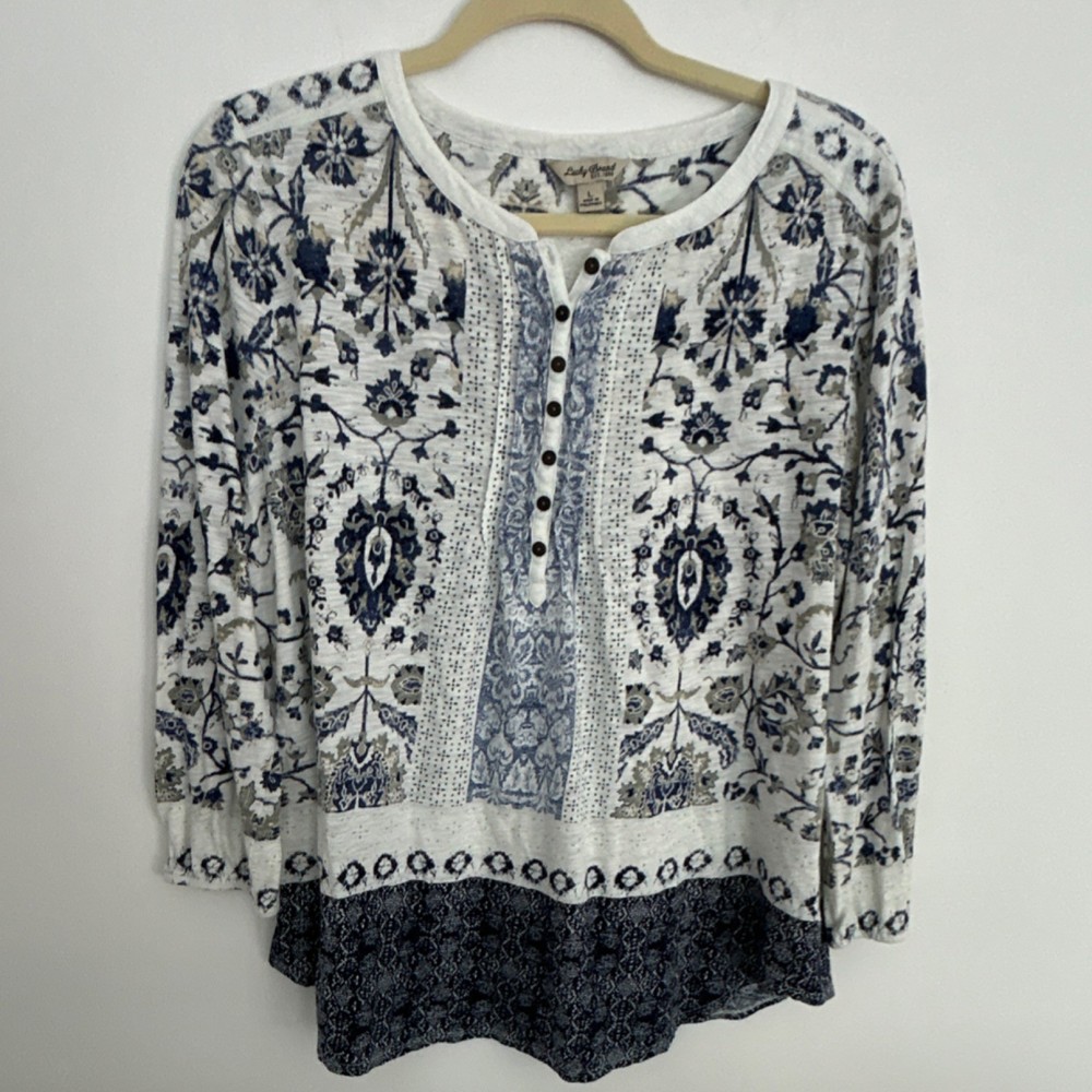 Lucky Brand Floral Knit Button Tunic Blouse White Blue Gray 3/4 Sleeve L Women's