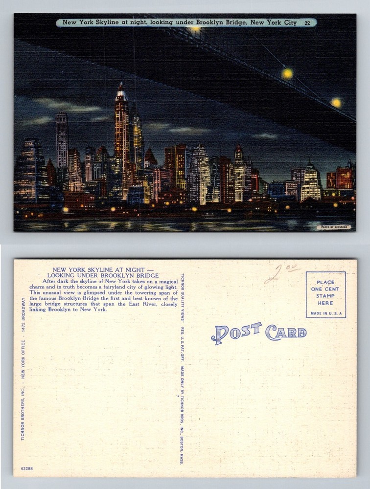 New York City NY, Skyline at Night under Brooklyn Bridge Vintage Postcard