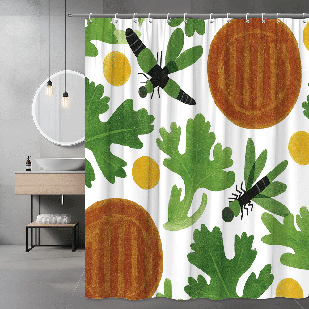 Dragonfly Leaf Print Shower Curtain, Green and Orange Nature Pattern