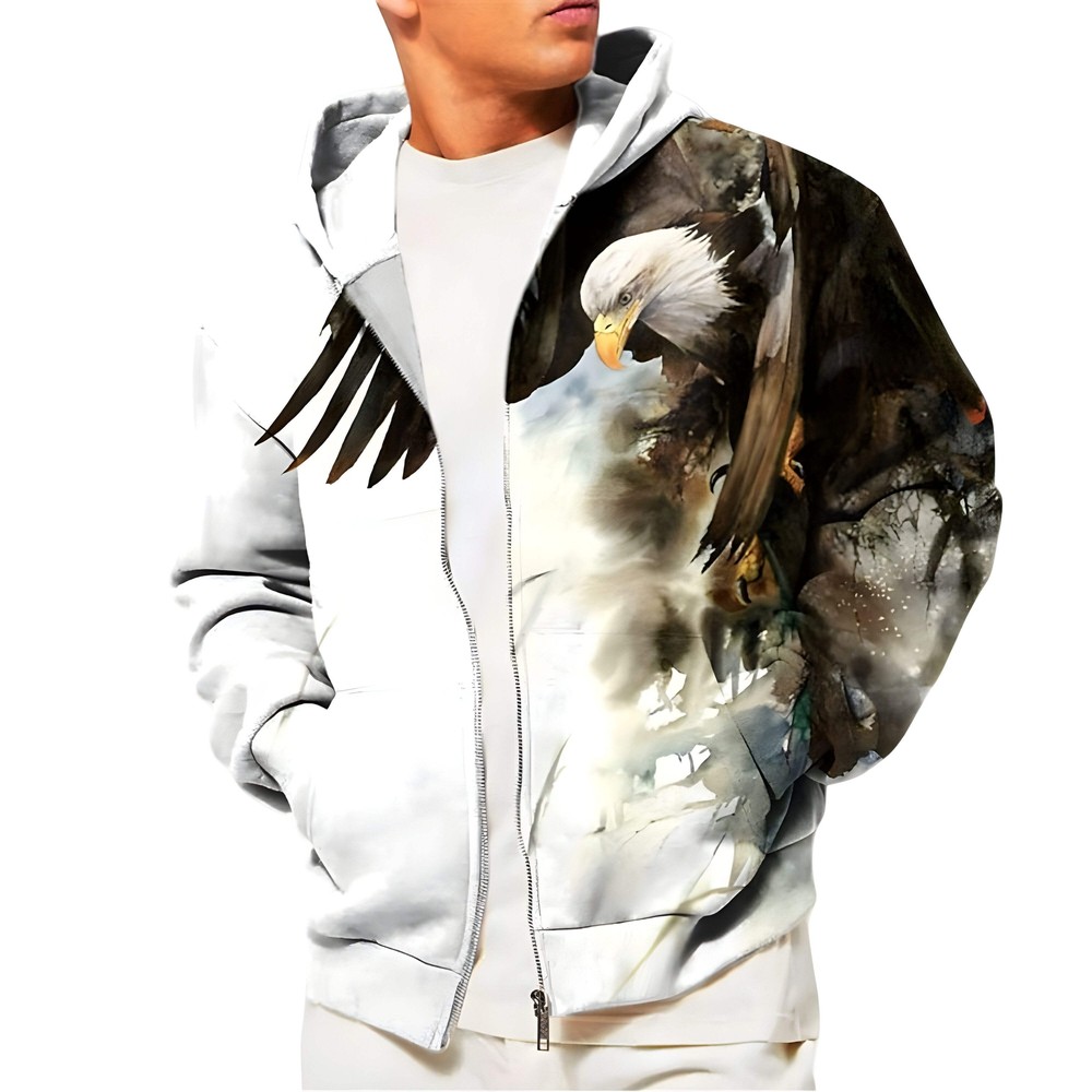 Men's Eagle Print Full Zip Hooded Sweatshirt for Sports & Outdoor Wear