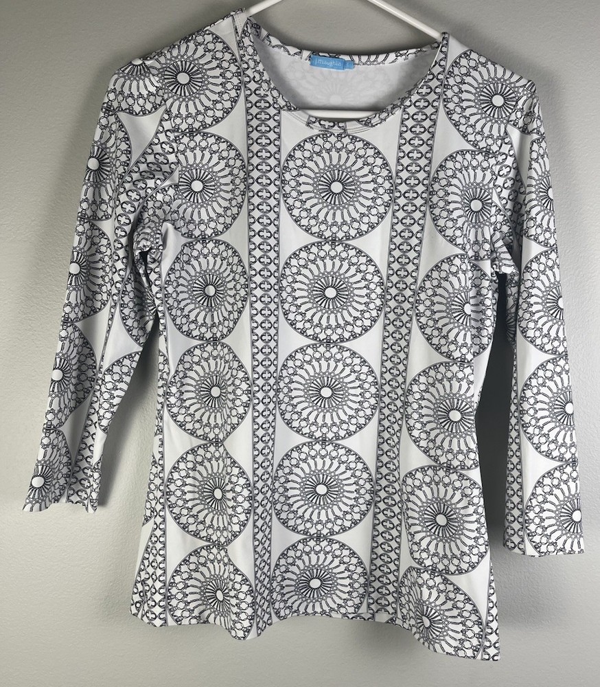 J. McLaughlin Signature Catalina Fabric Top Small Black White 3/4 Sleeve EUC