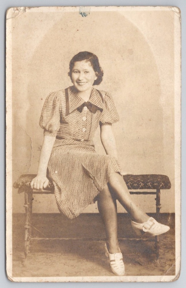 Vintage 1930s RPPC Young Woman Portrait Striped Dress Studio Photo Postcard