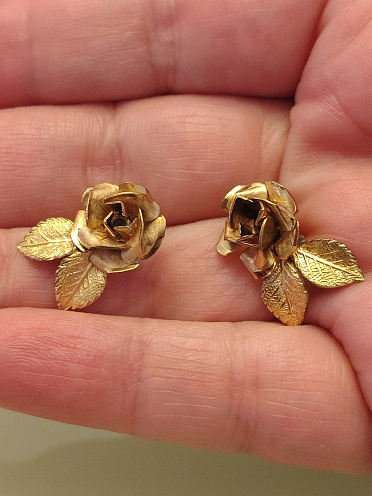 Vintage 12 Carat Gold Delicate Rose And Leaf Pierced Earrings