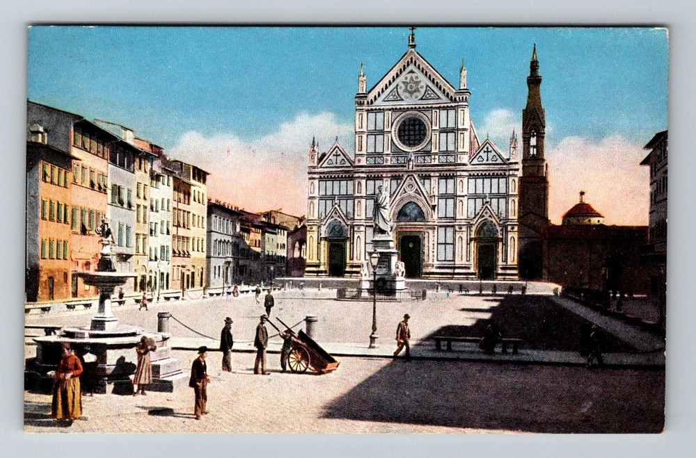 Italy- Florence Plaza Of The Church Of The Holy Cross Old Post Vintage Postcard