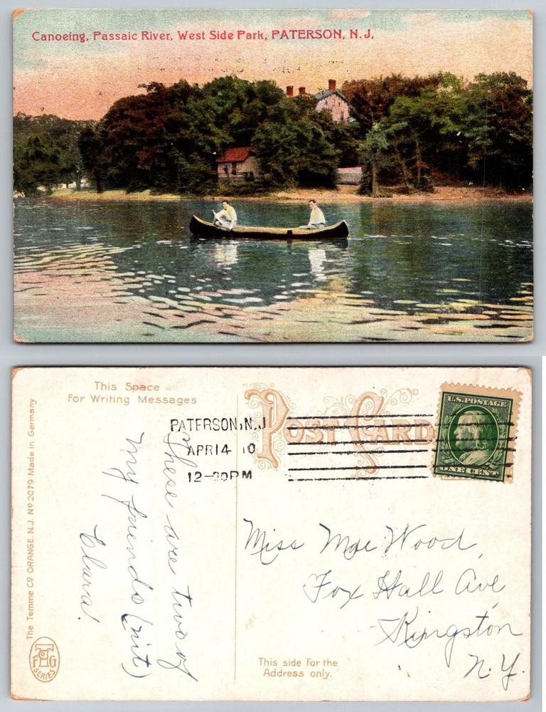 1910 Paterson NJ Passaic River Canoeing West Side Park Postcard Temme FTG