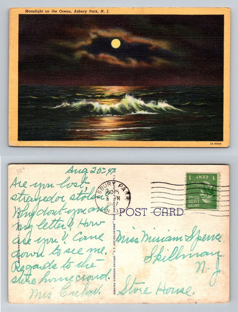 Asbury Park, NJ-New Jersey, Moonlight on the Ocean Waves, Vintage c1947 Postcard
