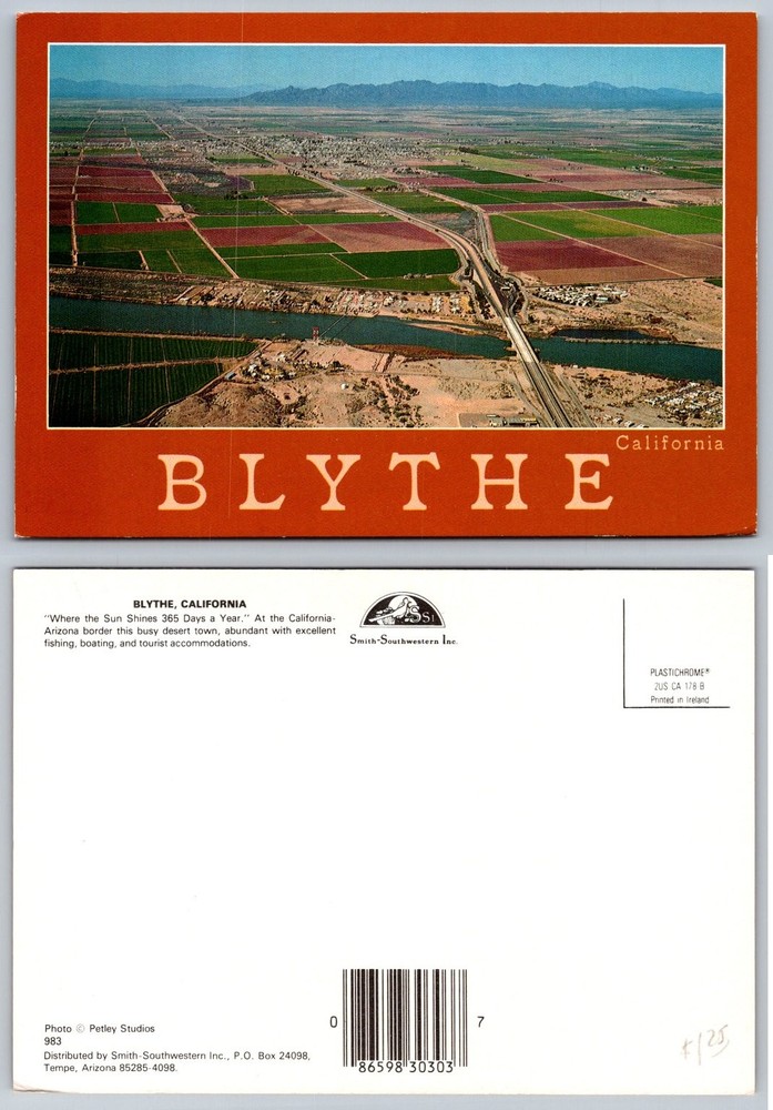 Blythe California Aerial View Postcard Colorado River Desert Fields