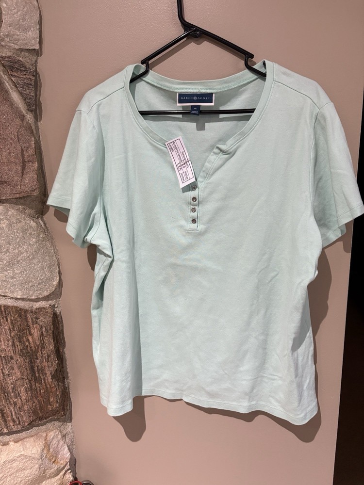 Karen Scott Women's Plus Size 1X Mint Green Short Sleeve Henley Top