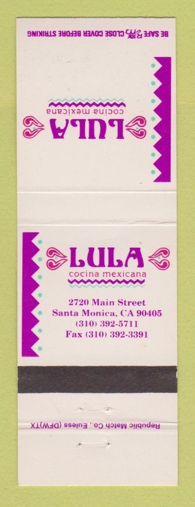 Matchbook Cover - Lulu Mexican Restaurant Santa Monica CA