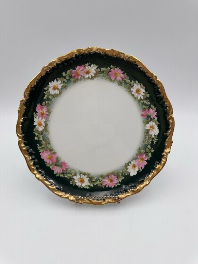 Antique T & V Limoges Hand Painted Floral  Plate 12.5” Gold Trim