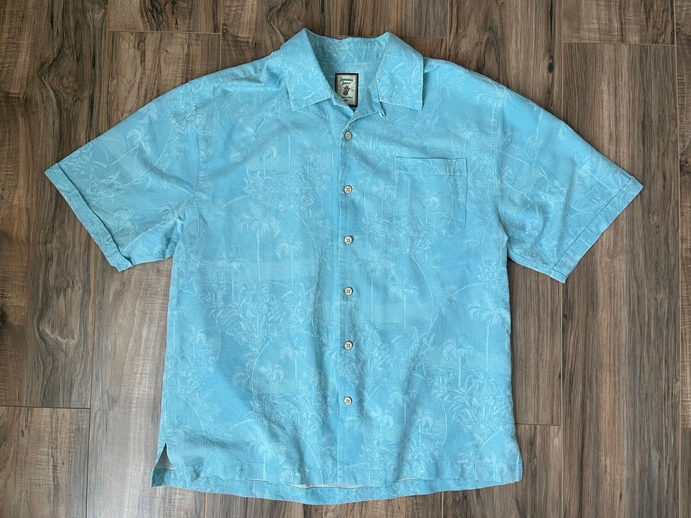 Jamaica Jaxx Mens Large Silk Hawaiian Shirt Blue Jacquard Tropical Palm Tree L