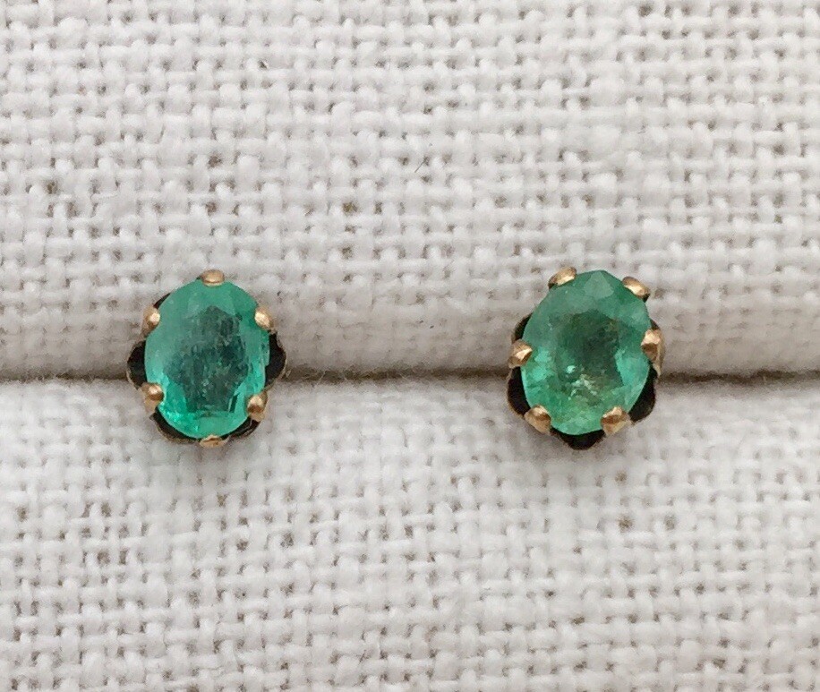 Vintage 14K Gold ~ Emerald Stud Earrings – Petite Oval Solitaire Posts