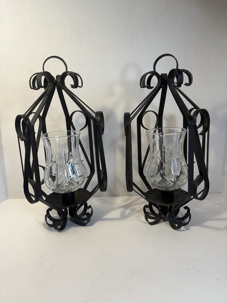 2 VTG MCM Black Wrought Iron Spanish Hanging Candle Holder Lantern Gothic Votive