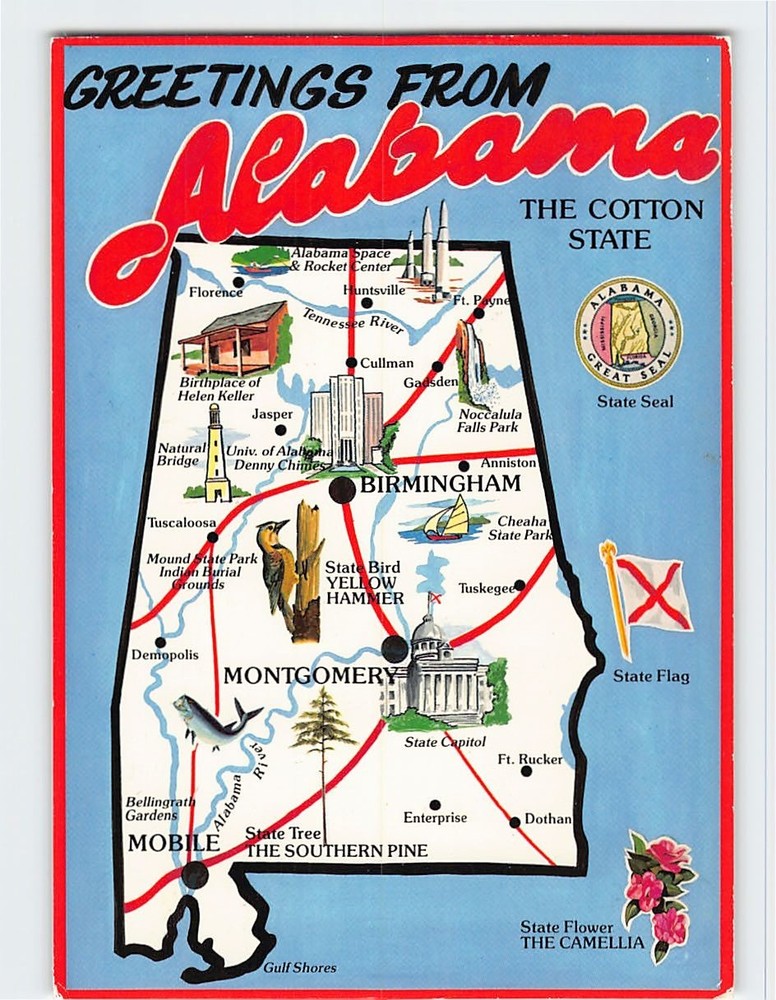Postcard Map & Attractions Greetings from Alabama USA