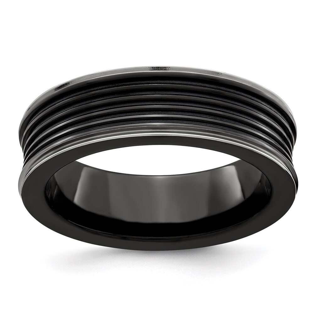 Black Titanium Polished Grooved Concave Ring Size 10 for Men 5.7gm