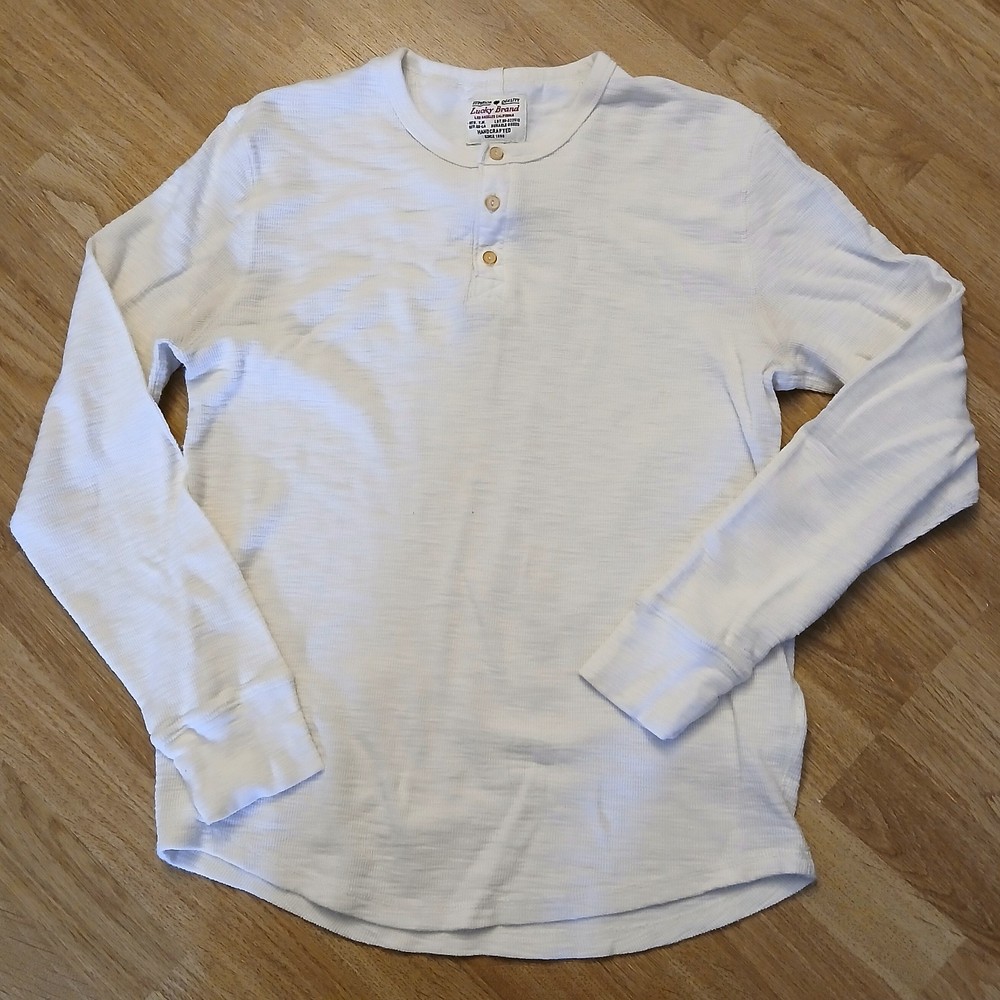 LUCKY Thermal Henley Shirt Men's Medium White Long Sleeve