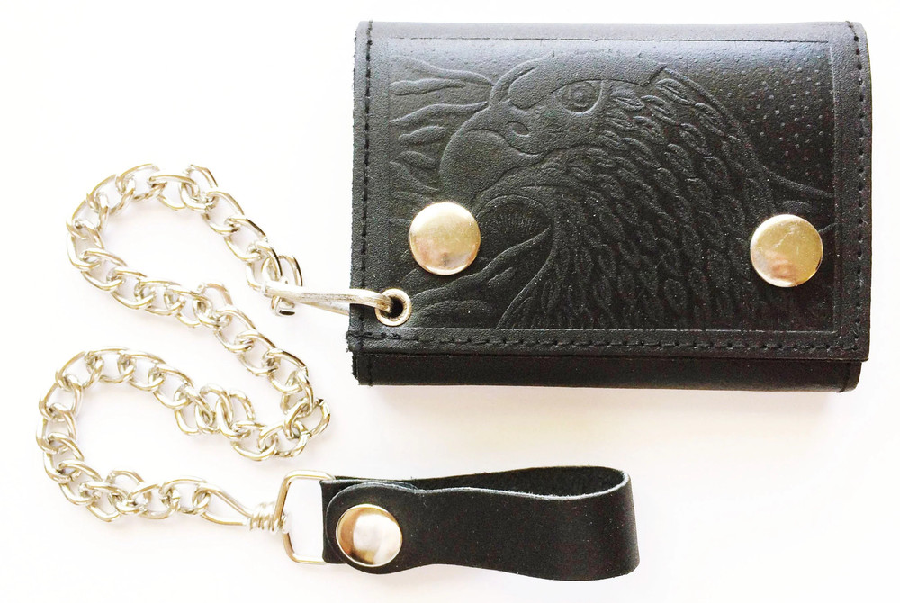 Black Leather Men's Biker Chain Trifold Wallet Trucker Motorcycle