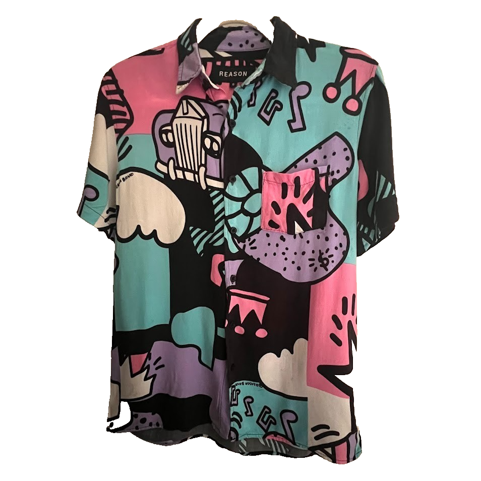 Reason Men’s Abstract Button Up Shirt Small Colorful Graphic Short Sleeve-image