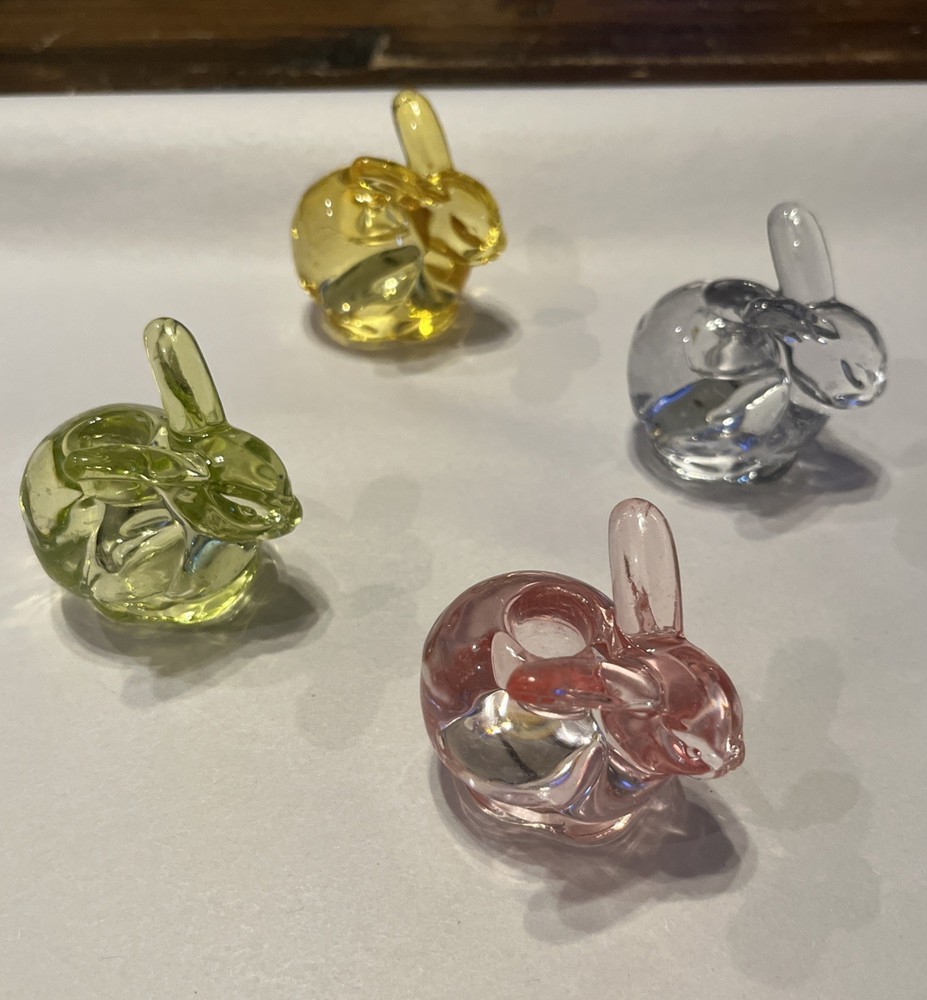 Williams Sonoma S/4 Bunny Rabbit Taper Holders Easter Glass Pastel Colors