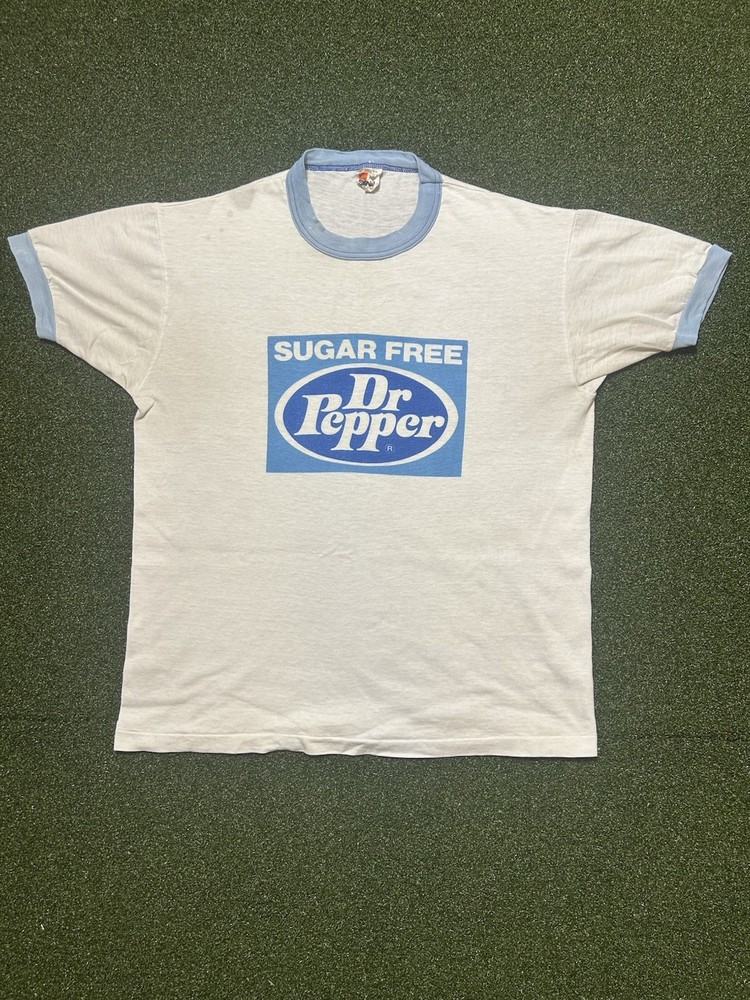 Vintage Dr Pepper Ringer Zero Sugar T-shirt Size Large Made In USA 80s White