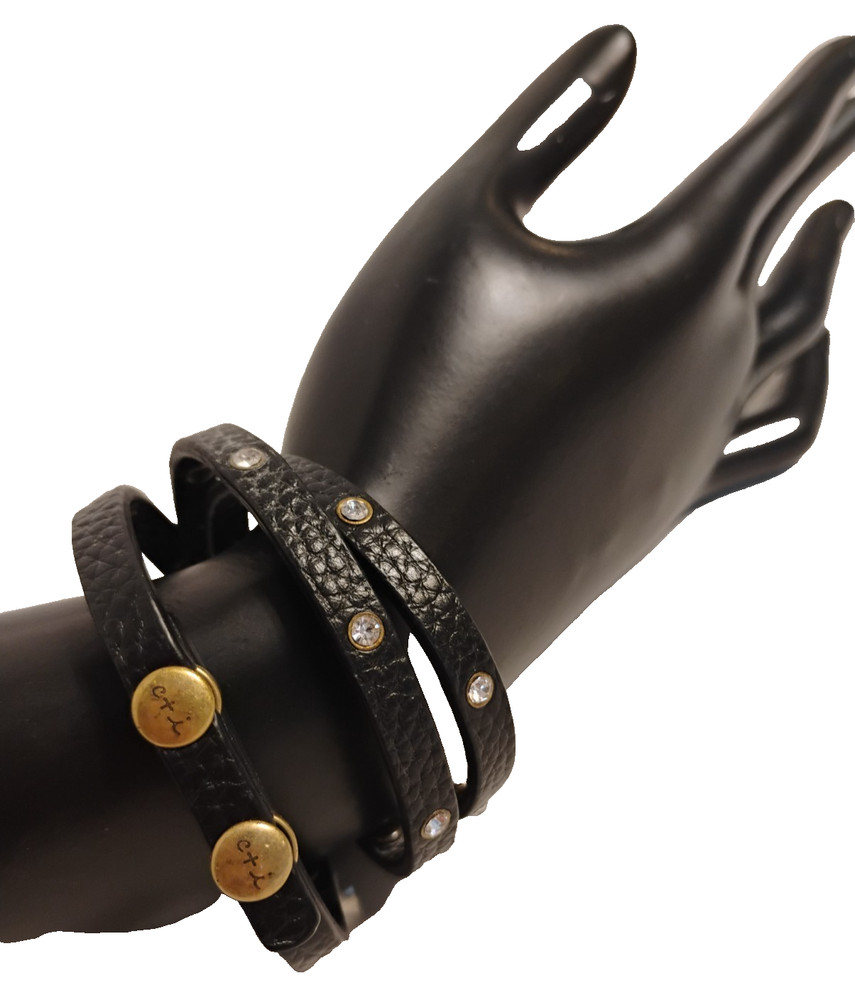 c + i Pebbled Black Leather Studded Rhinestone Edgy Rocker Wrap Bracelet