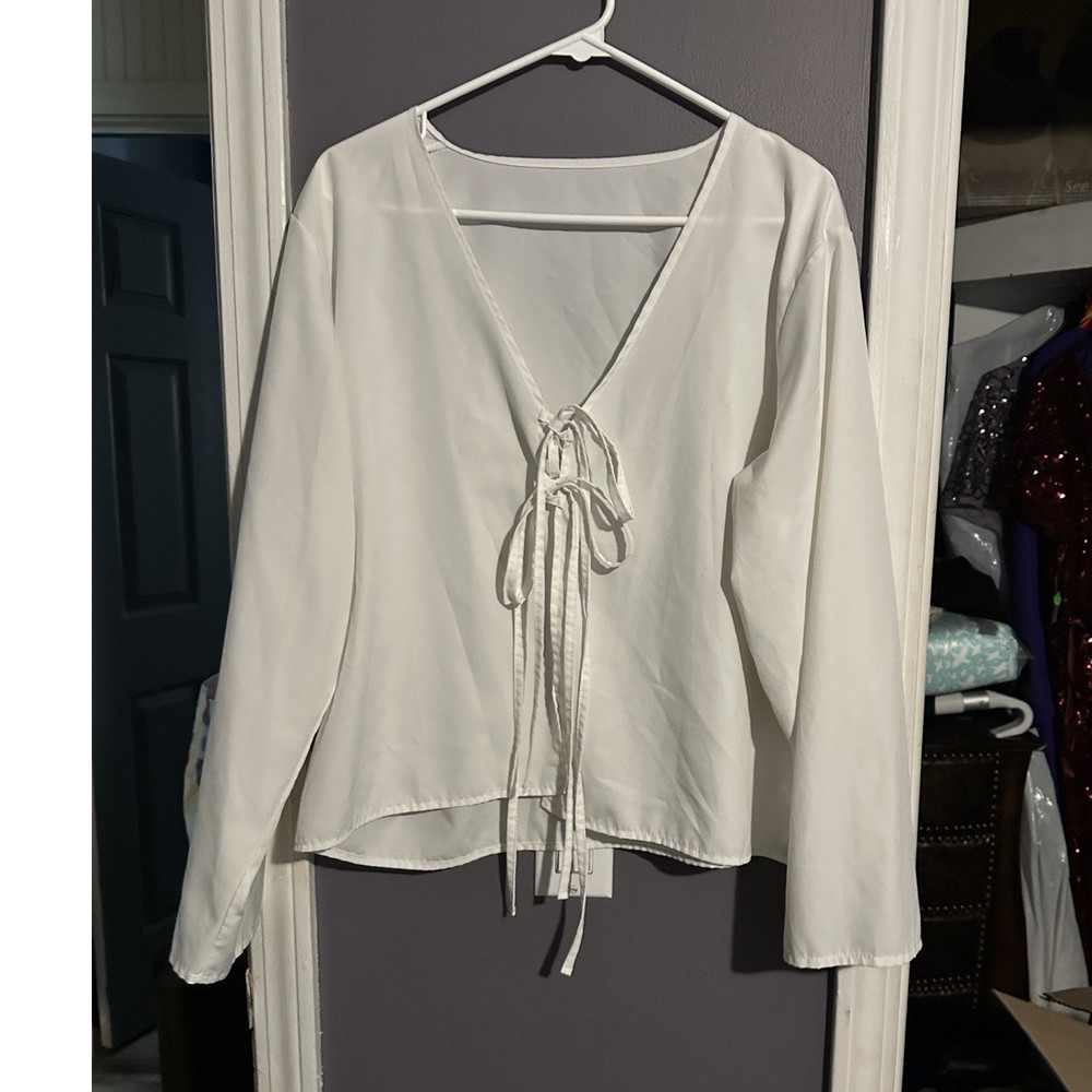 SHEIN White V-Neck Tie Front Long Sleeve Blouse Women's XL 100% Polyester
