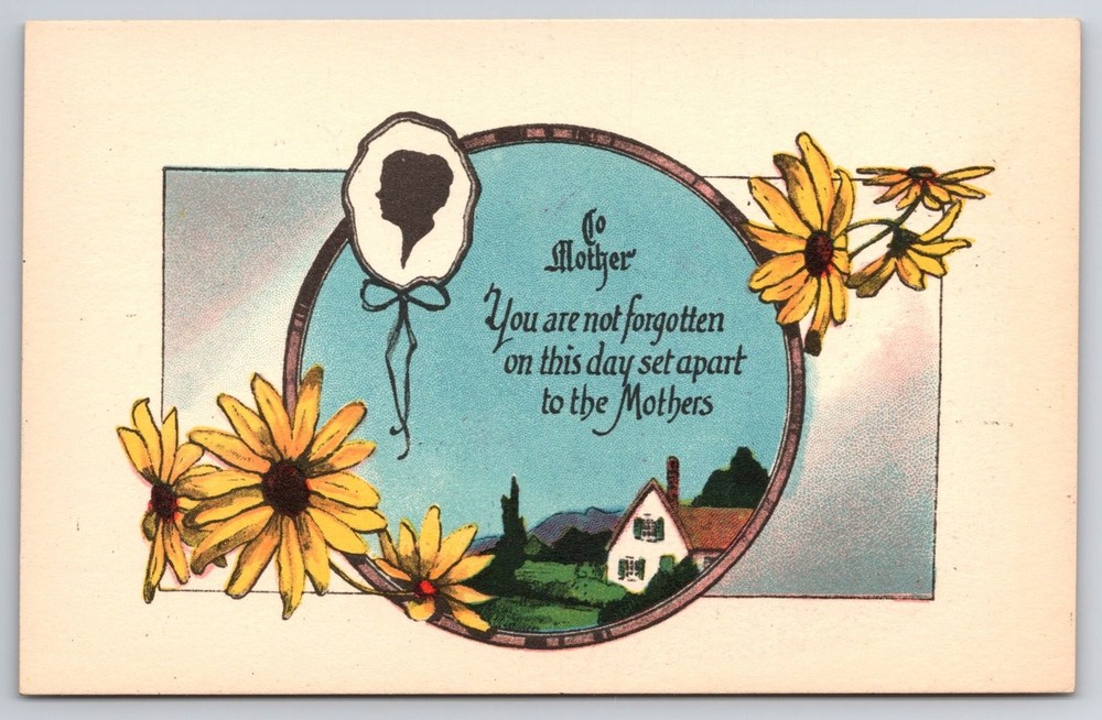 Arts & Craft Antique Art Mother's Day Postcard Silhouette Daisies House Unused