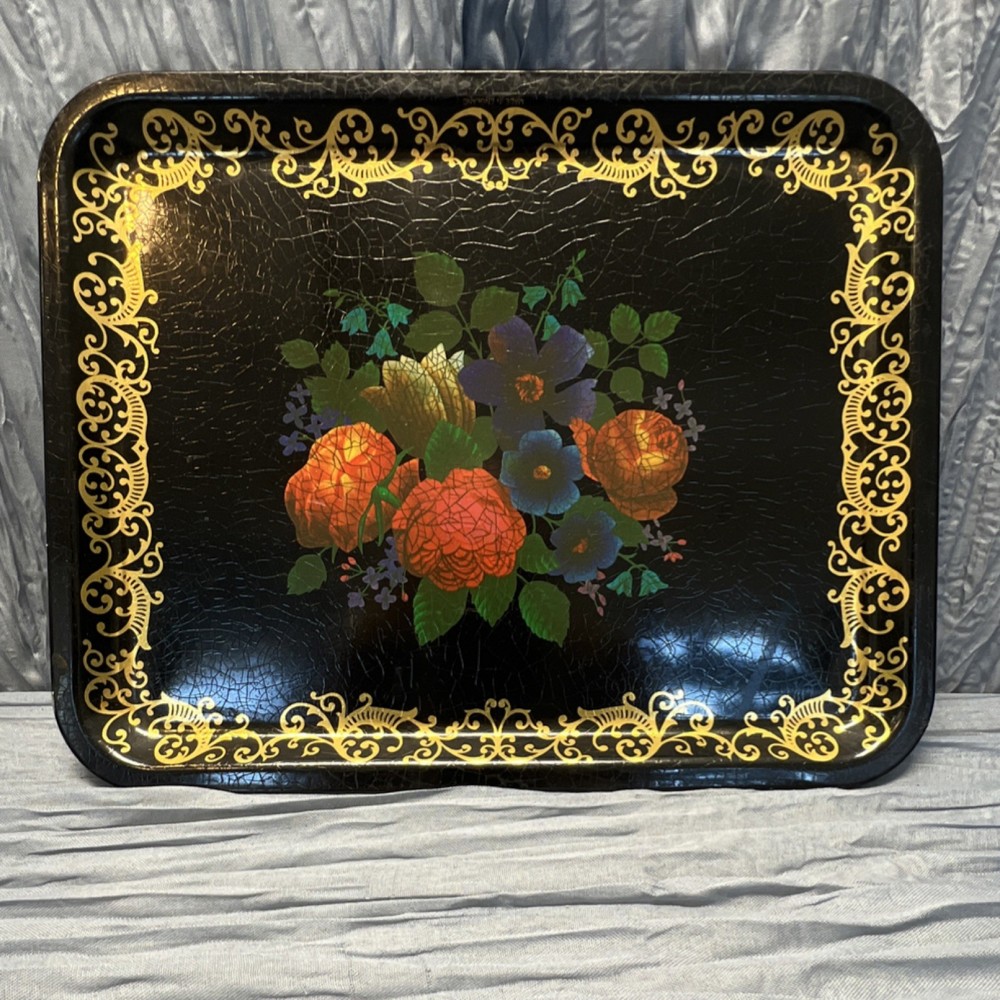Elite Trays Black Painted Metal Floral Serving Tray Rectangle 14