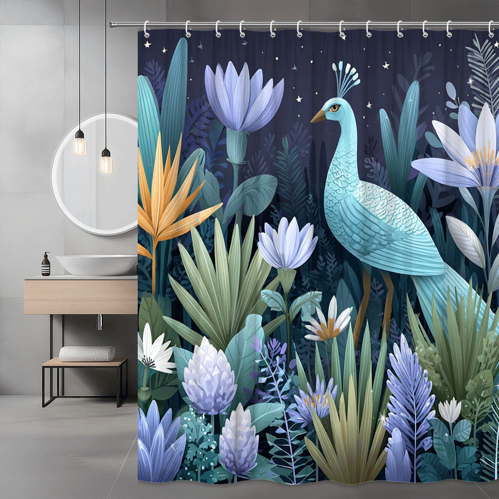 Peacock Floral Shower Curtain, Blue Purple Botanical Print