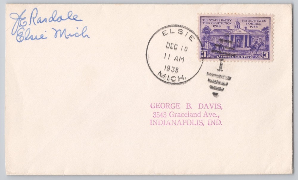 Elsie, Michigan, Addressed Cover with 3c U.S. Constitution Commem. Stamp 1938
