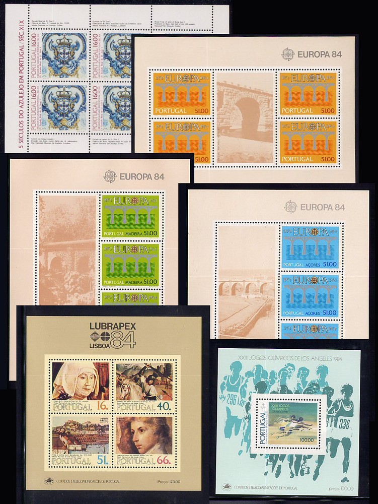 1984 Portugal, Azores, Madeira Complete Year MNH. 10 Souvenir Sheets, Blocks.