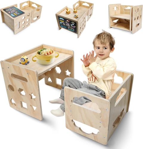 Montessori Wooden Weaning Table and Chair Set for Toddlers - Natural Finish  