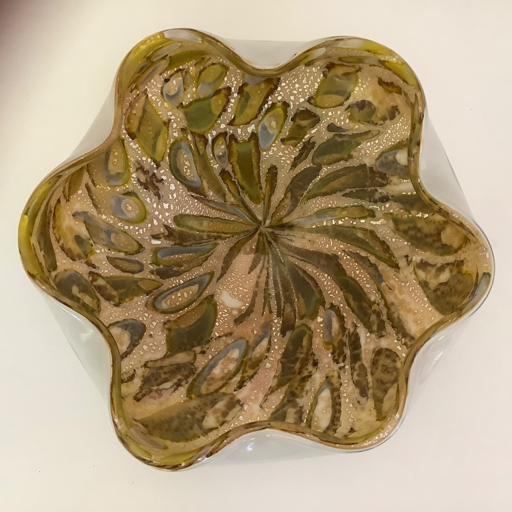 Murano Glass Dish . Vintage gold flecked murano glass.