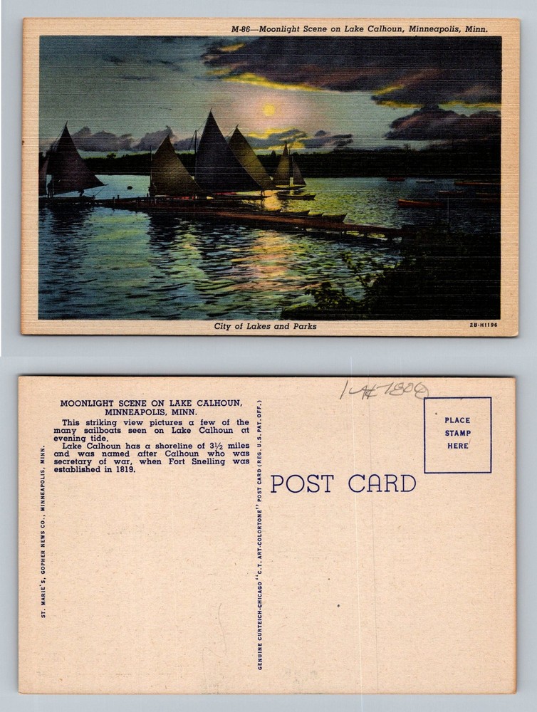 Minneapolis, MN-Minnesota, Lake Calhoun Moonlight Sailboats Vintage Postcard