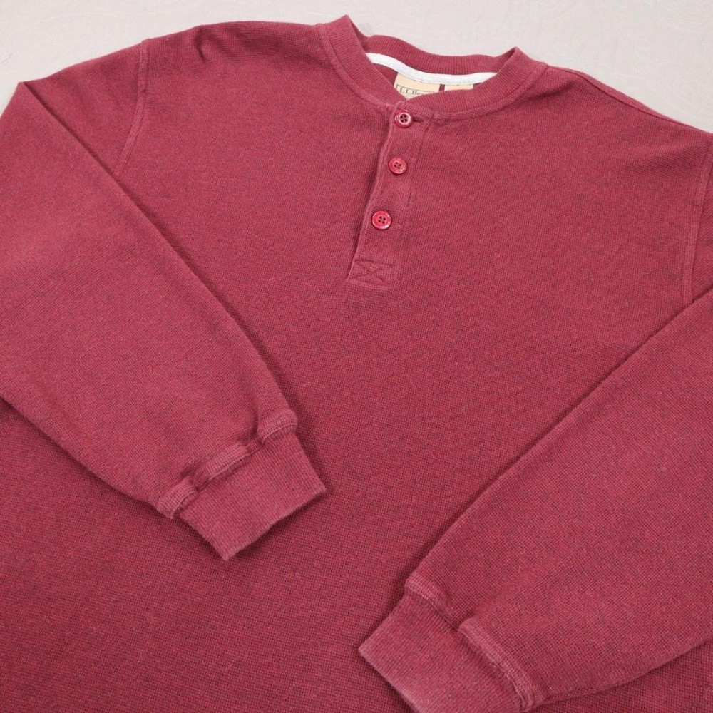 L.L.Bean Henley Shirt Mens Large Red Thermal Waffle Knit Long Sleeve Cotton