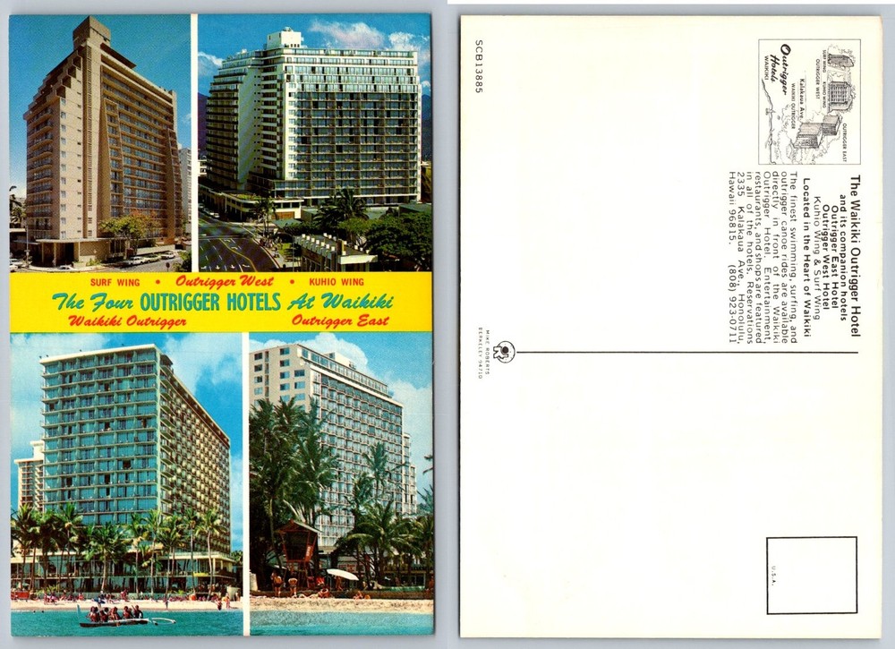 Waikiki Outrigger Hotels Hawaii Vintage Postcard SCB 13885 Mike Roberts
