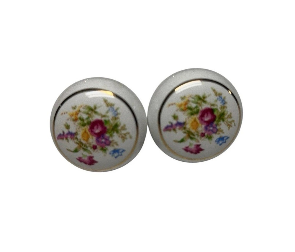 Porcelain Drawer Knobs Floral Rose Pair 1.25” Cabinet Pulls Vintage
