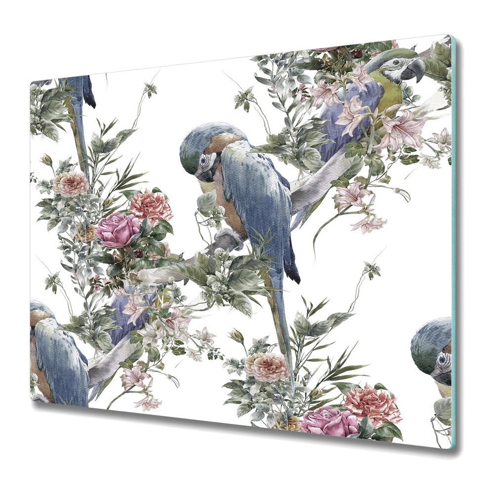 Glass Kitchen Chopping Board Parrots with tropical flowers blue and white 60x52